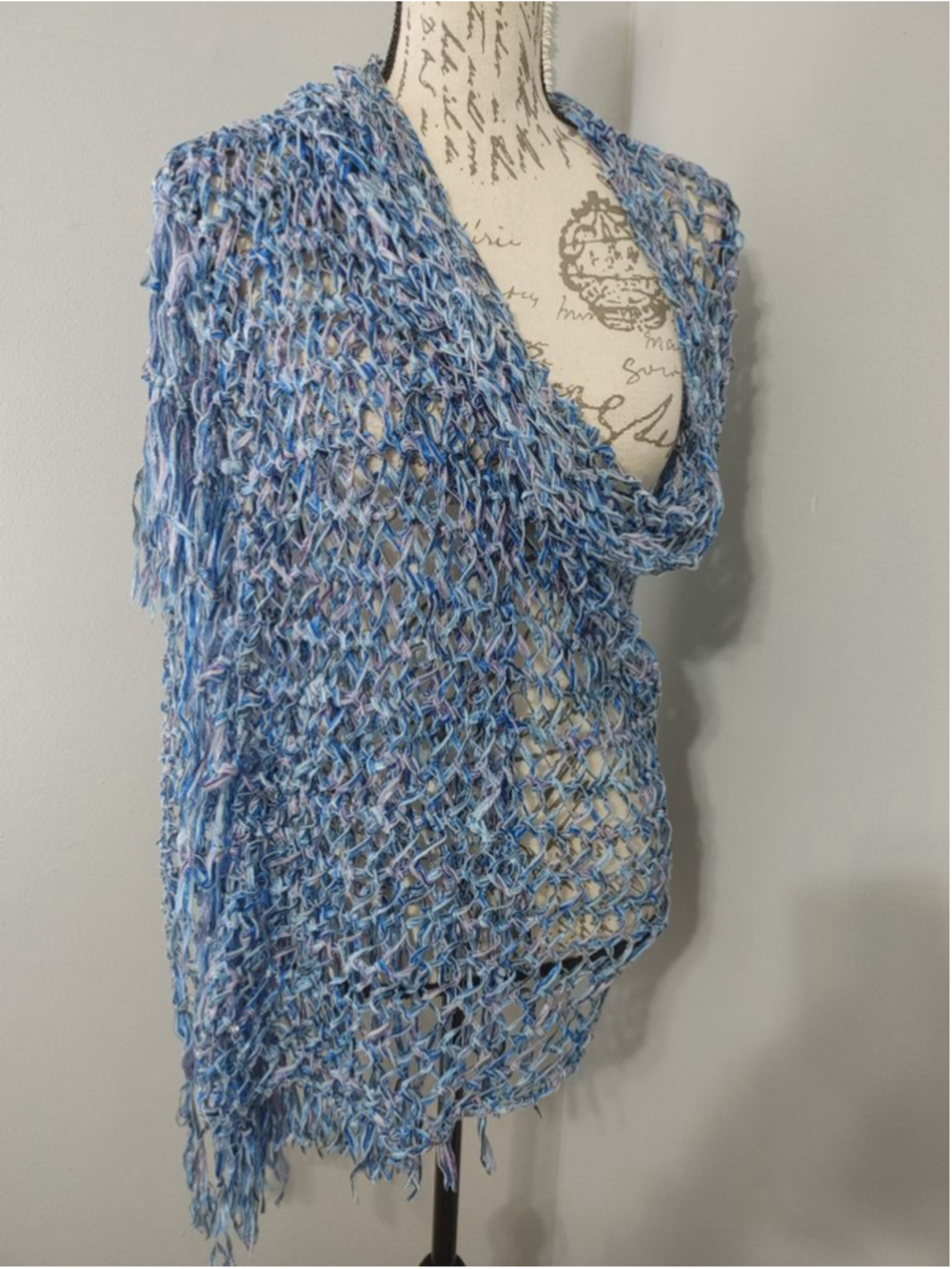 Women's Handmade Knitted Blue Purple Open Knit Scarf & Wrap Beaded Fringe